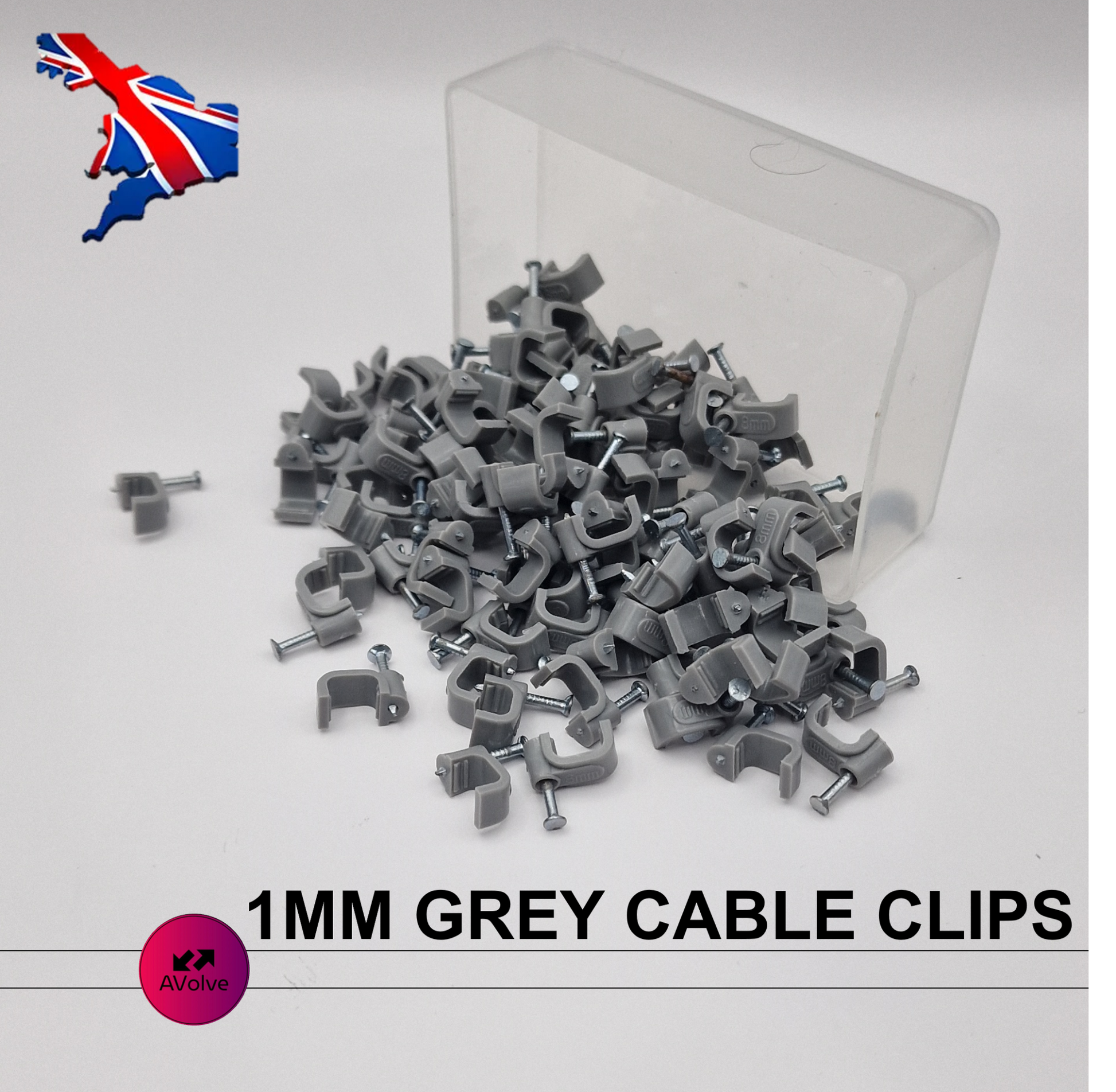 FLAT 100X GREY 1MM TWIN AND EARTH WIRE CLIPS CABLE CLIPS +NAIL T&E - AVOLVE