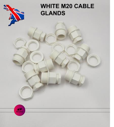 white Nylon Compression Cable Glands M20 (10 PACK) 7-10.5mm - AVOLVE