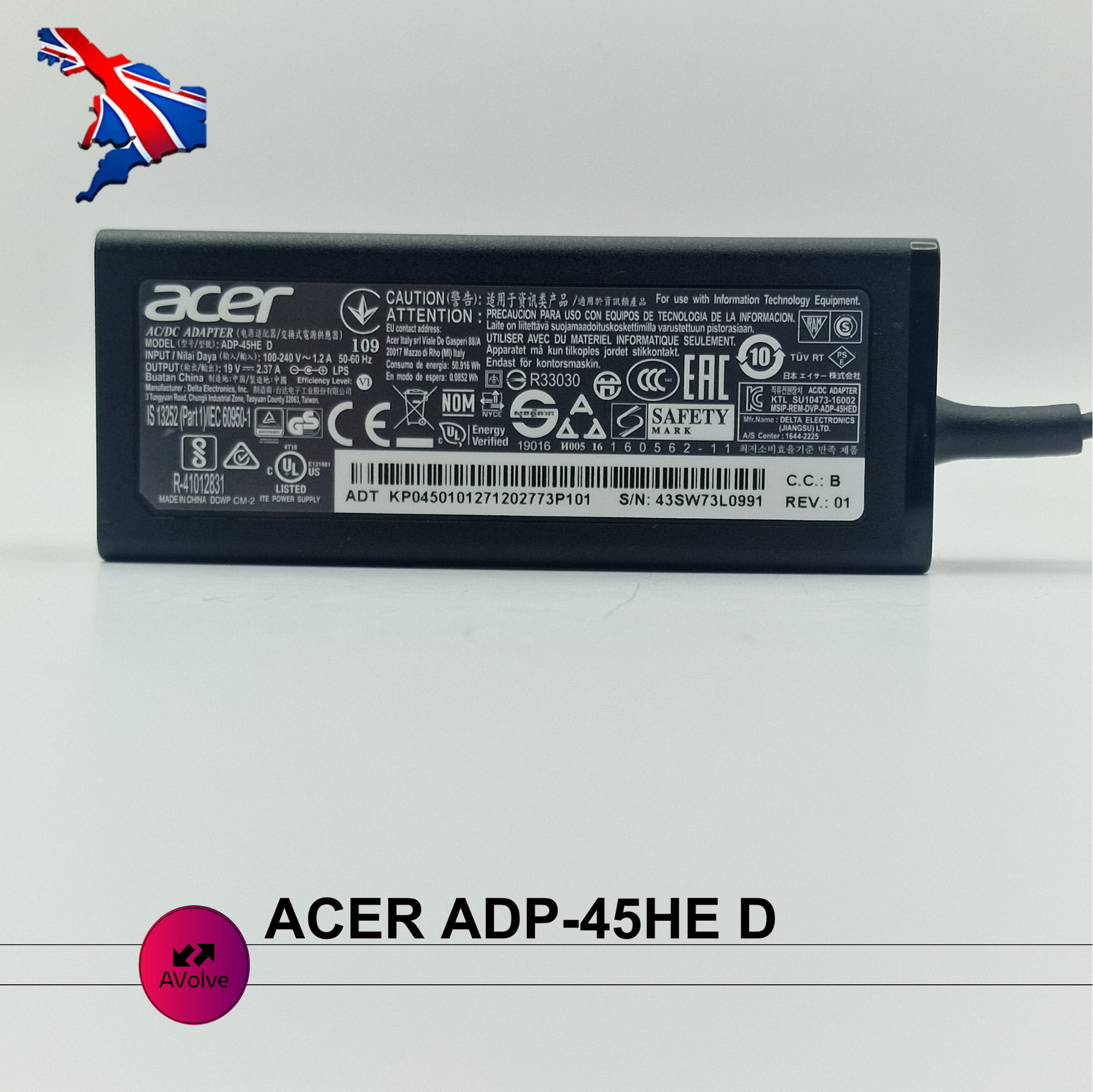 19V 2.37A 45W AC Genuine ACER ADP-45HE D POWER CHARGER ADPATER UK SMALL TIP - AVOLVE