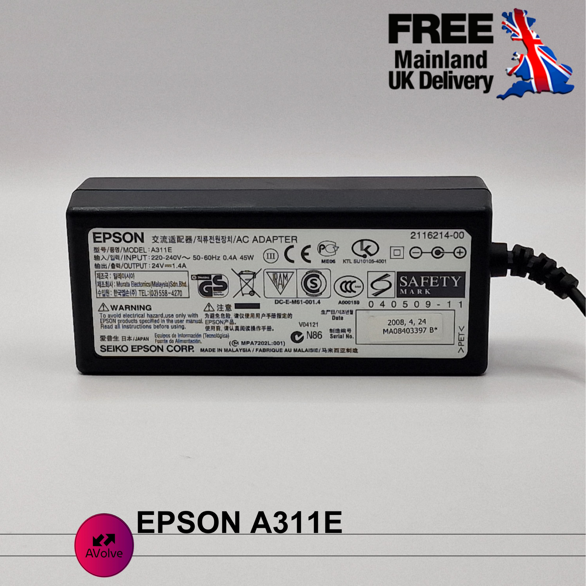 24V 1.4A 30W AC Genuine EPSON A311E5 POWER CHARGER ADPATER UK - AVOLVE