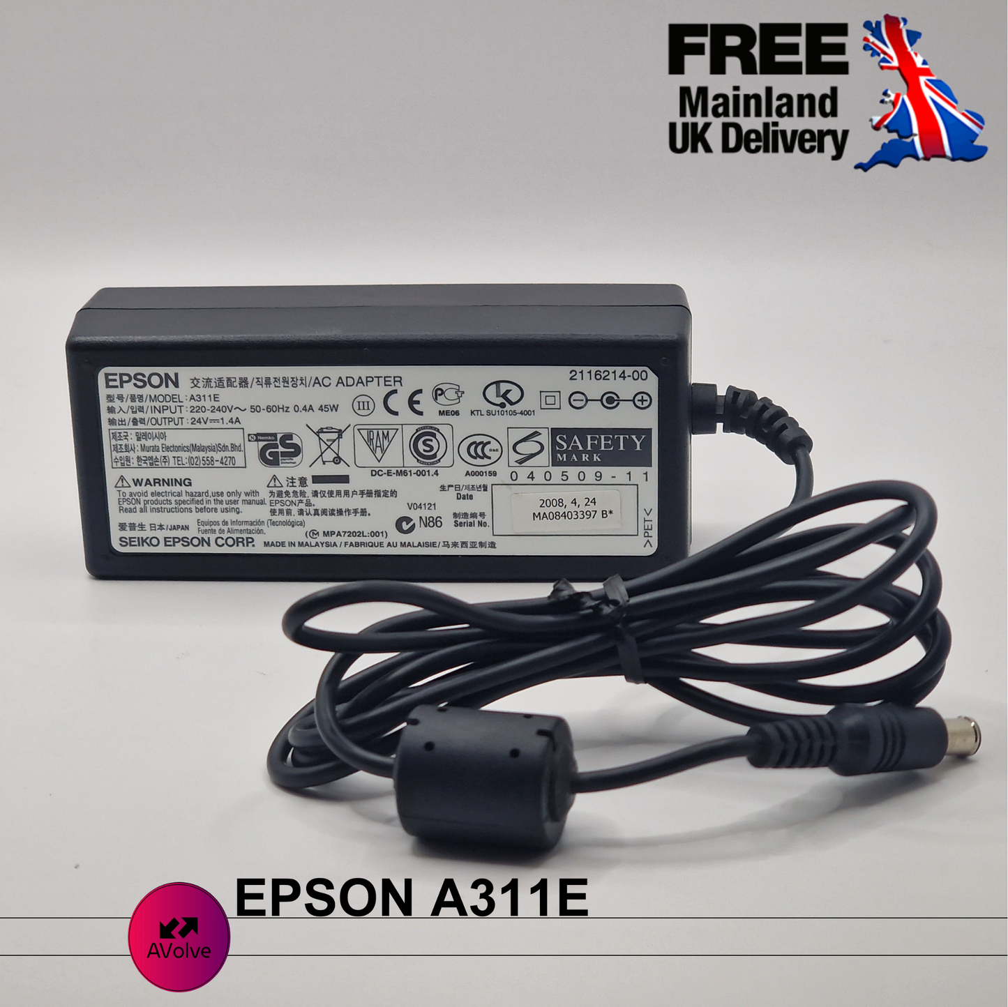 24V 1.4A 30W AC Genuine EPSON A311E5 POWER CHARGER ADPATER UK - AVOLVE