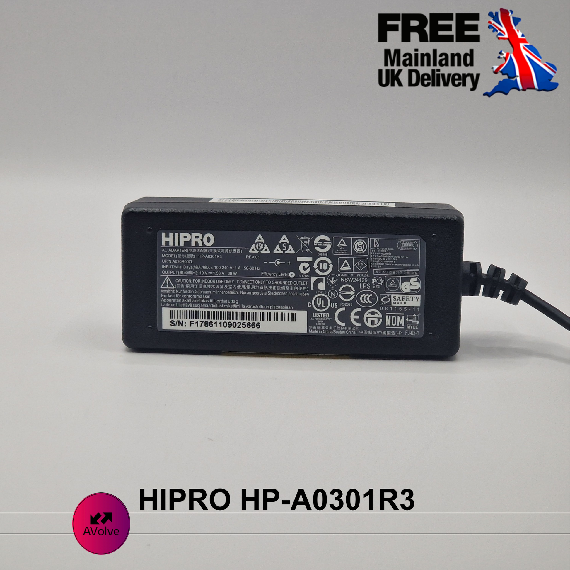 19V 1.58A 30W AC Genuine HIPRO HP-A0301R3 A030R007L POWER CHARGER ADPATER UK - AVOLVE