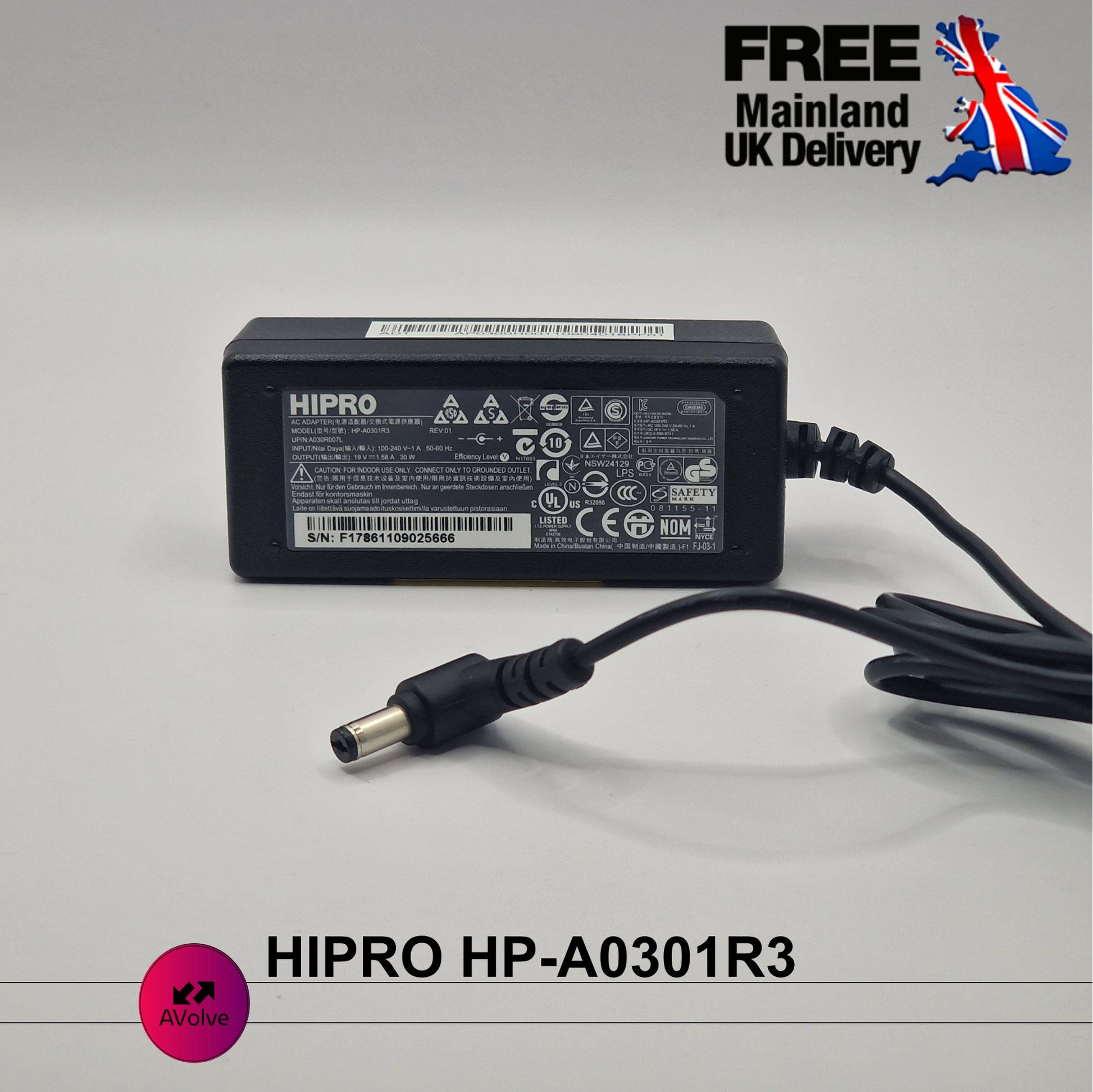 19V 1.58A 30W AC Genuine HIPRO HP-A0301R3 A030R007L POWER CHARGER ADPATER UK - AVOLVE