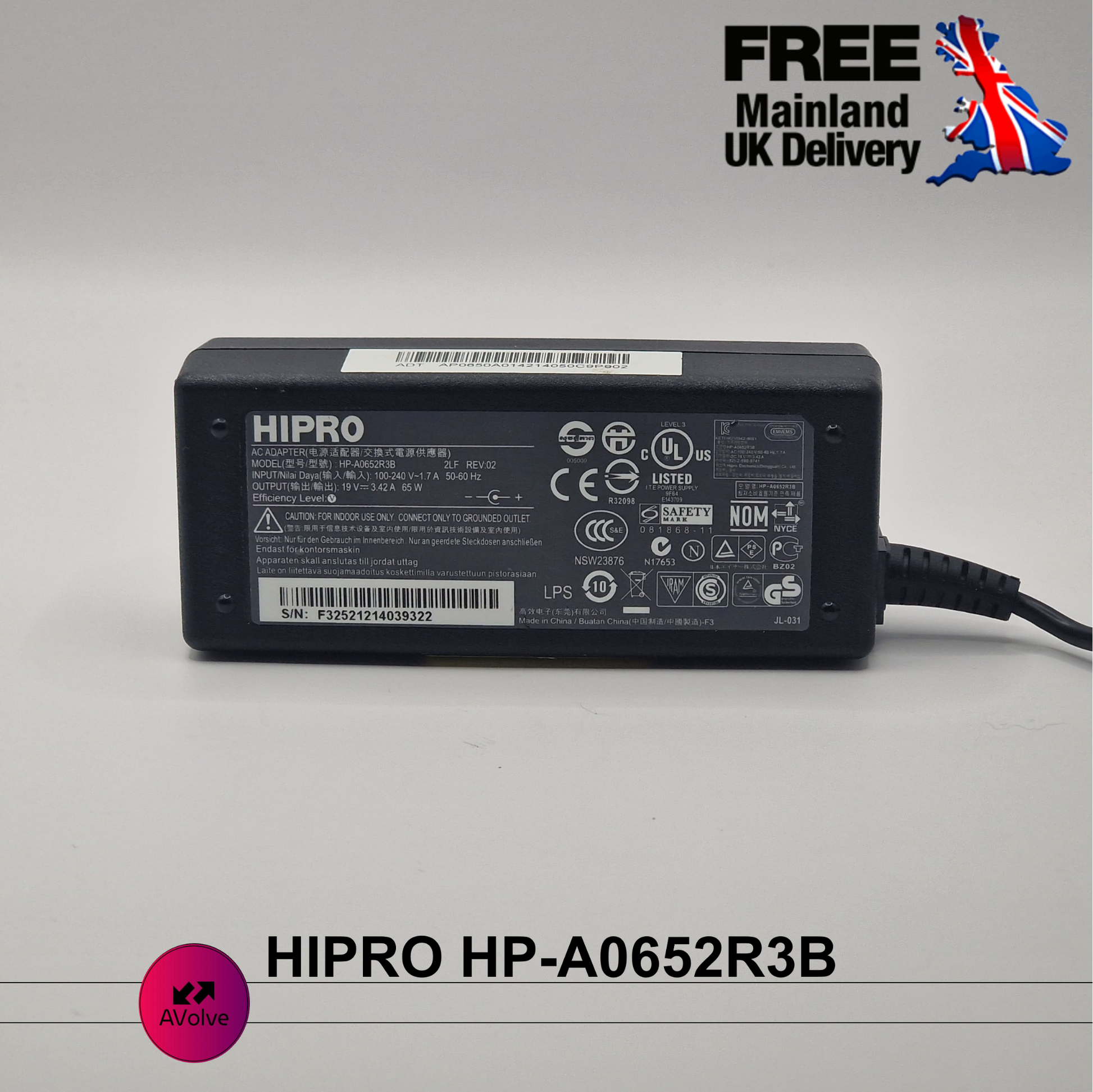 19V 3.42A 65W AC Genuine HIPRO HP-A0652R3B POWER CHARGER ADPATER LAPTOP UK - AVOLVE