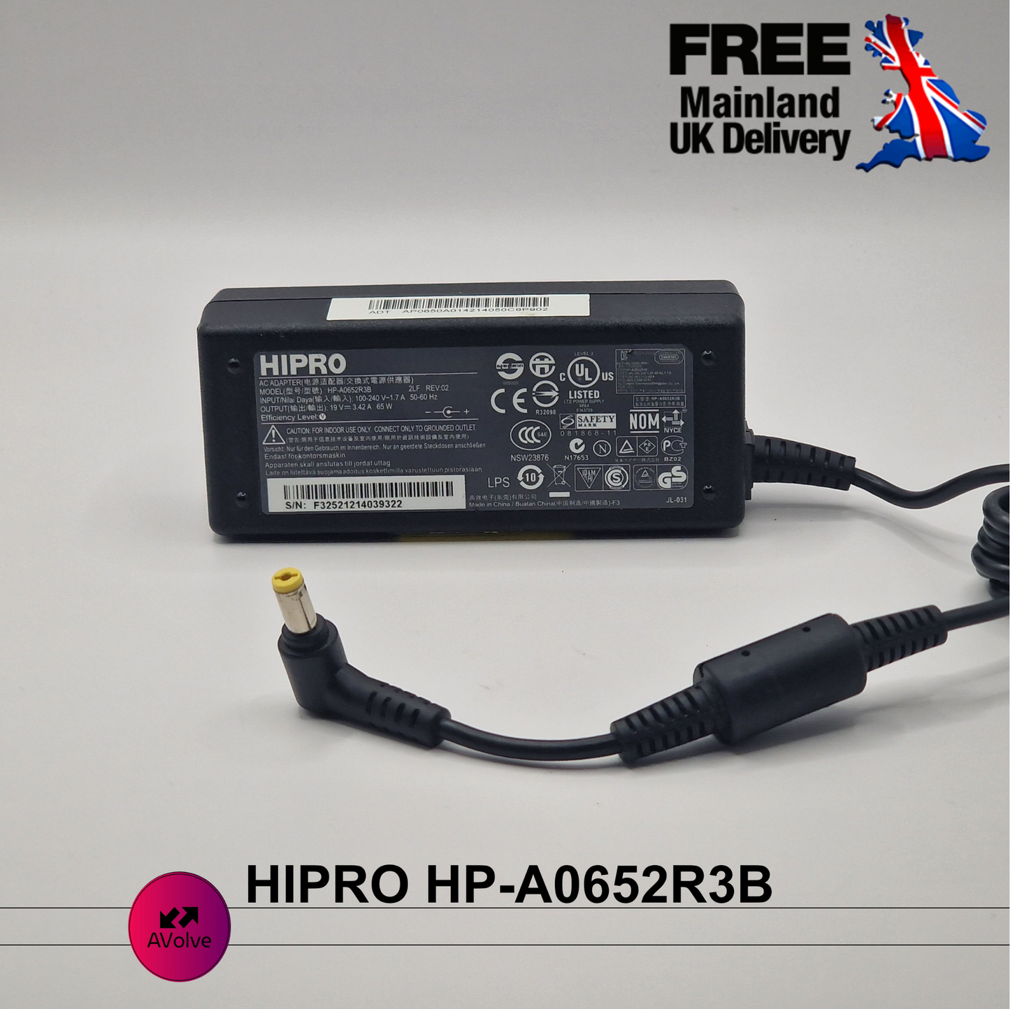 19V 3.42A 65W AC Genuine HIPRO HP-A0652R3B POWER CHARGER ADPATER LAPTOP UK - AVOLVE