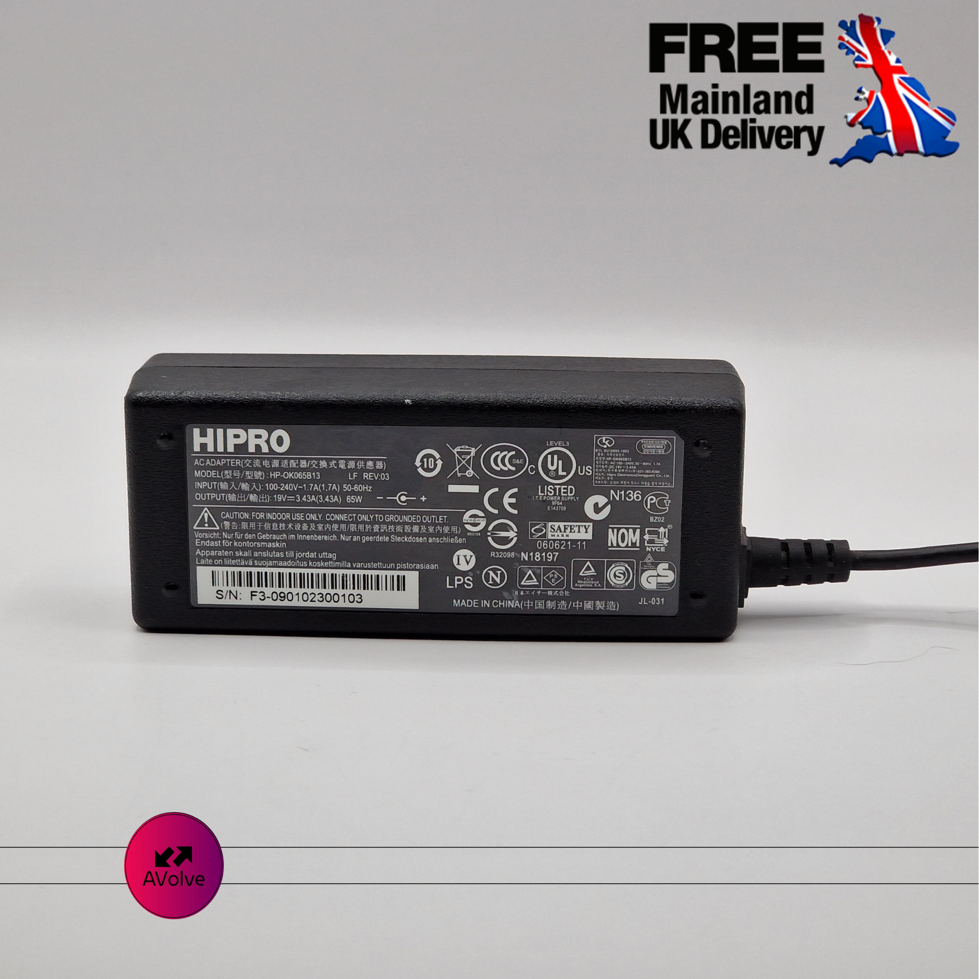 18.5V 3.5A 65W AC Genuine HIPRO HP-OK065B13 POWER CHARGER ADAPTER - AVOLVE