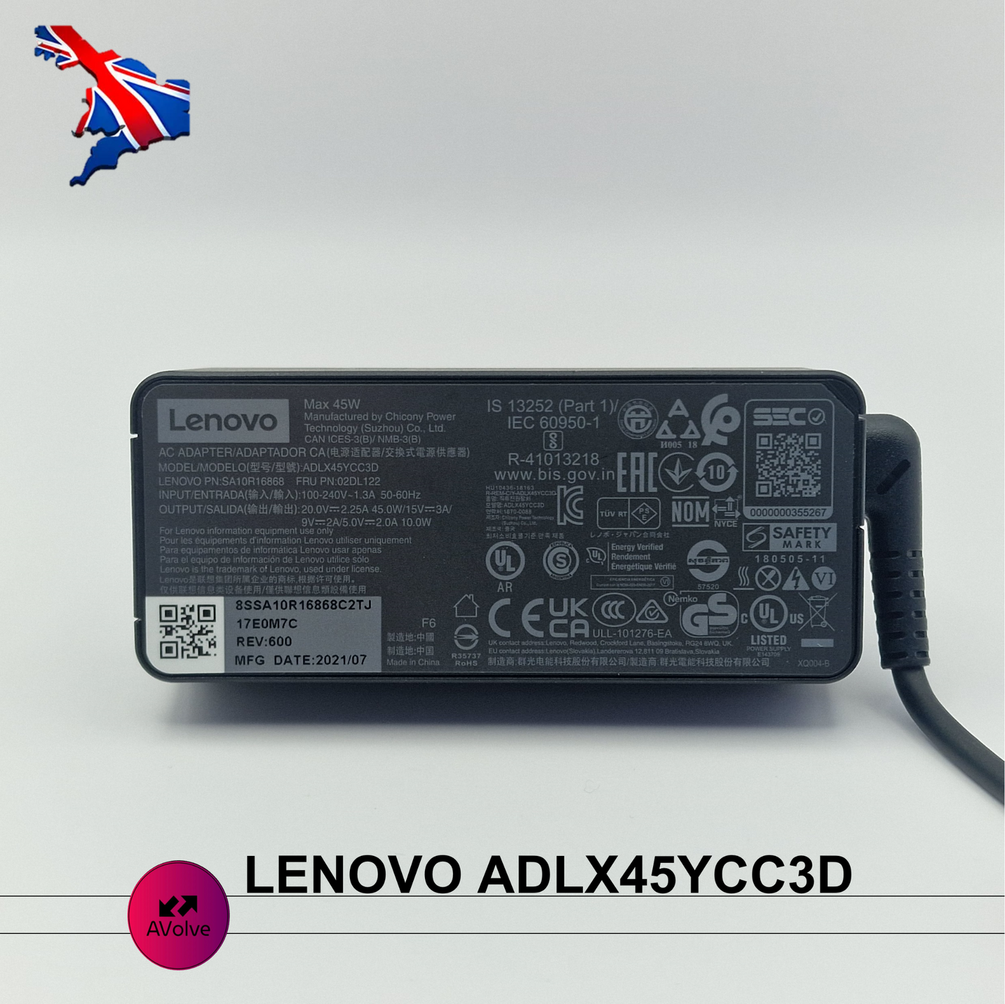 20V 2.25A 45W USB-C AC Genuine Lenovo ADLX45YCC3D POWER CHARGER ADPATER UK - AVOLVE