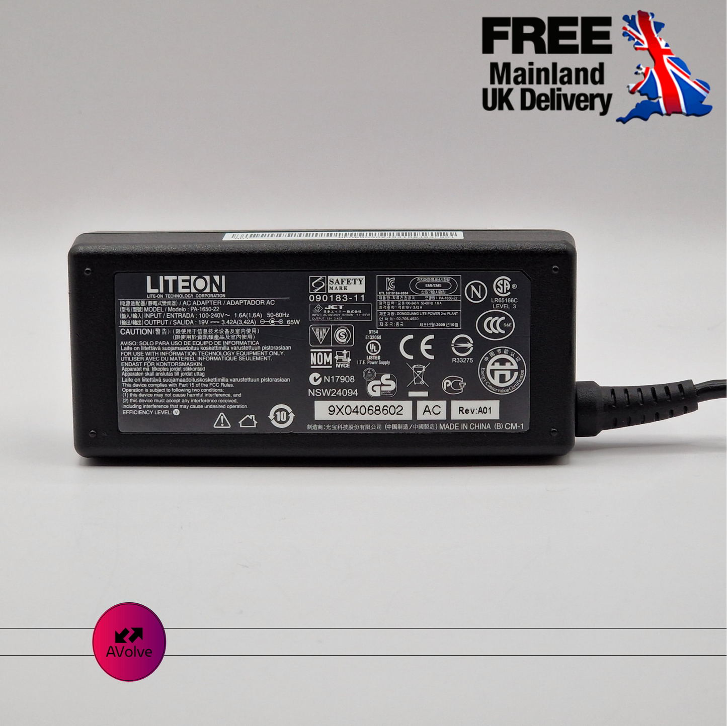 19V 3.42A 65W AC Genuine LITEON PA-1650-22 POWER CHARGER ADPATER - AVOLVE