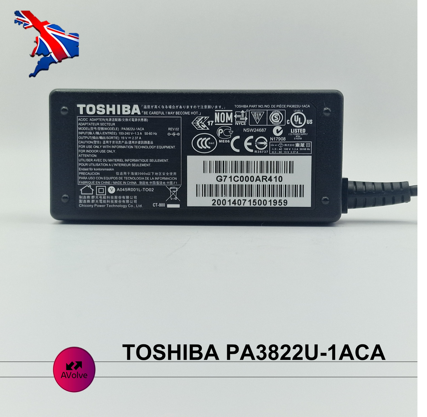 19V 2.37A 45W AC Genuine TOSHIBA PA3822U-1ACA POWER CHARGER ADPATER UK - AVOLVE